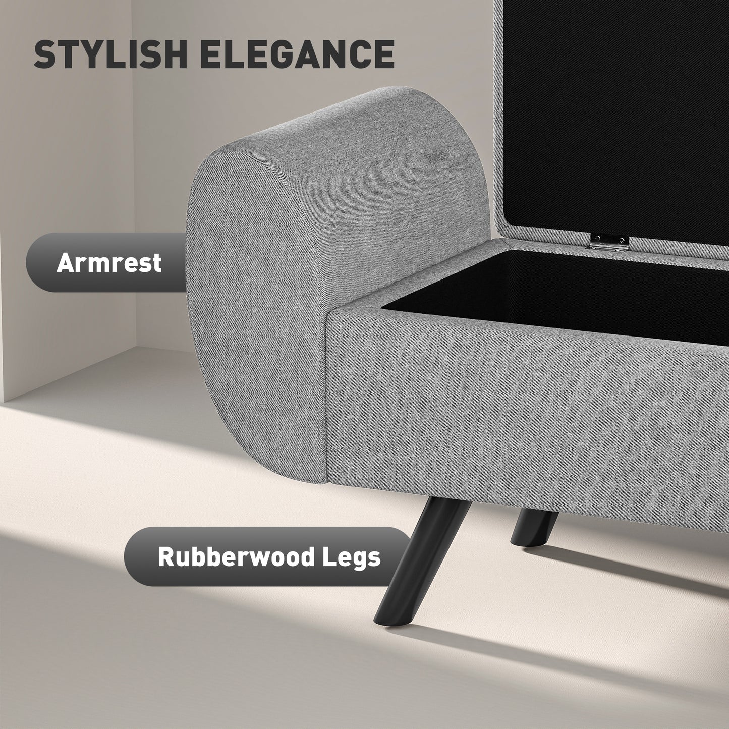 Storage Ottoman with Armrest, Upholstered Linen Storage Bench