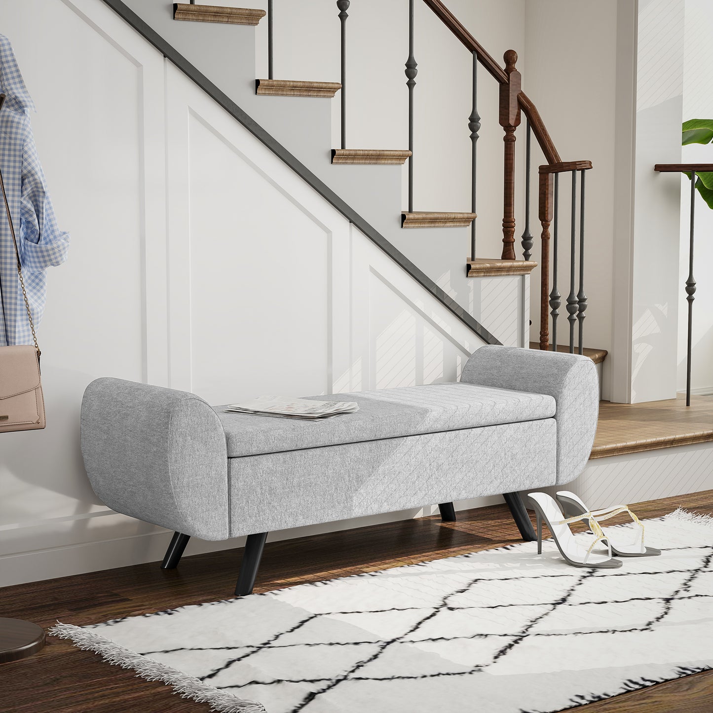 Storage Ottoman with Armrest, Upholstered Linen Storage Bench