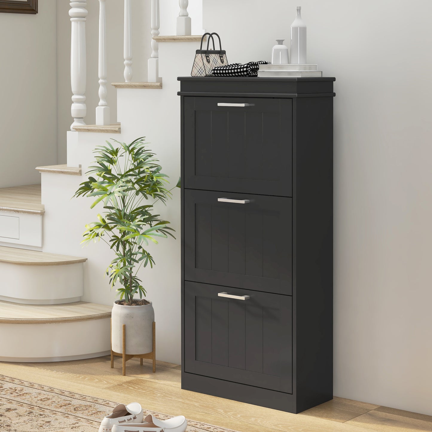 Slim Shoe Storage Cabinet with 3 Flip Drawers for Entryway, Black