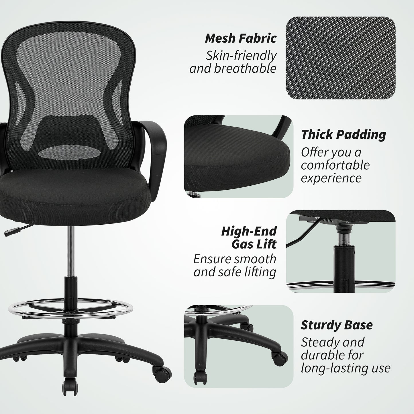 Mesh Office Chair with Lumbar Support, Adjustable Height, Black
