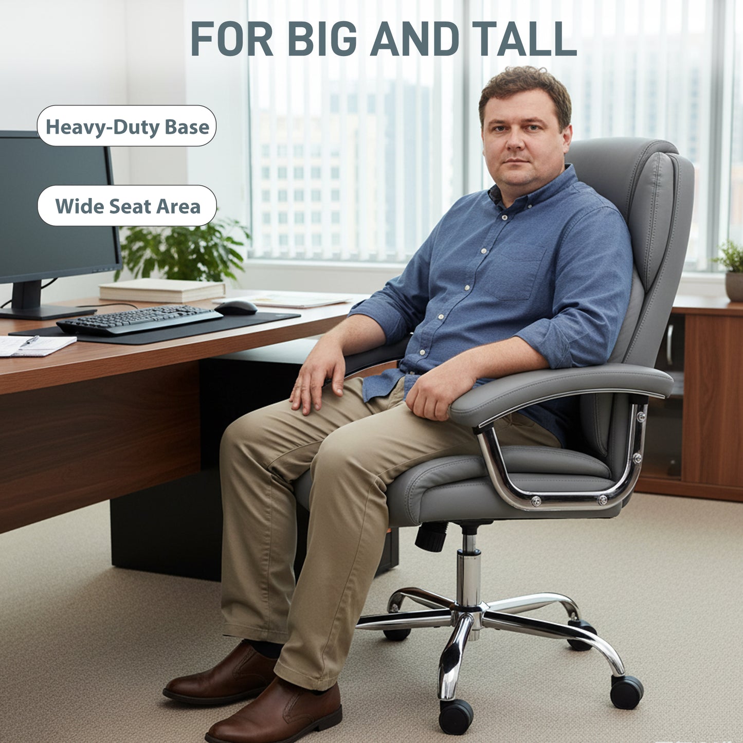 Office Chair 180kg, High Back Desk Chair with Spring Cushion, Grey