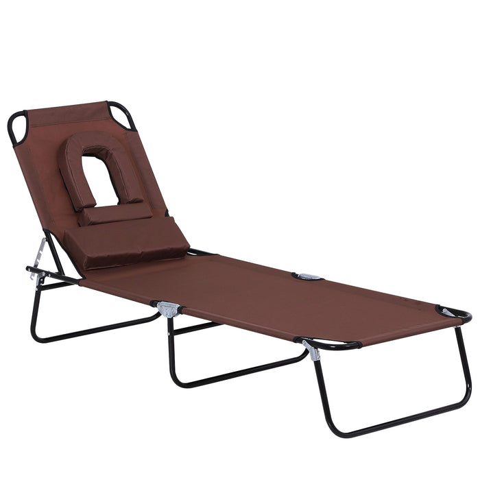 Sun Lounger Foldable Reclining Chair with Pillow and Reading Hole Garden Beach Outdoor Recliner Adjustable Brown