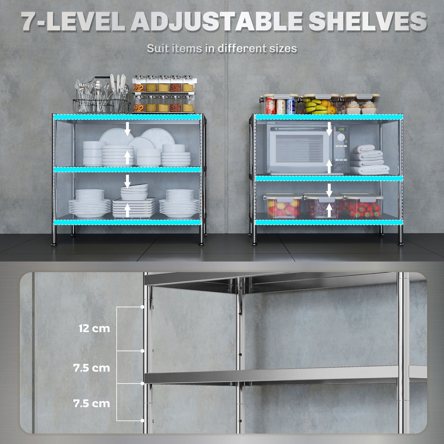 3-Tier Stainless Steel Bakers Rack, Microwave Stand for Small Spaces