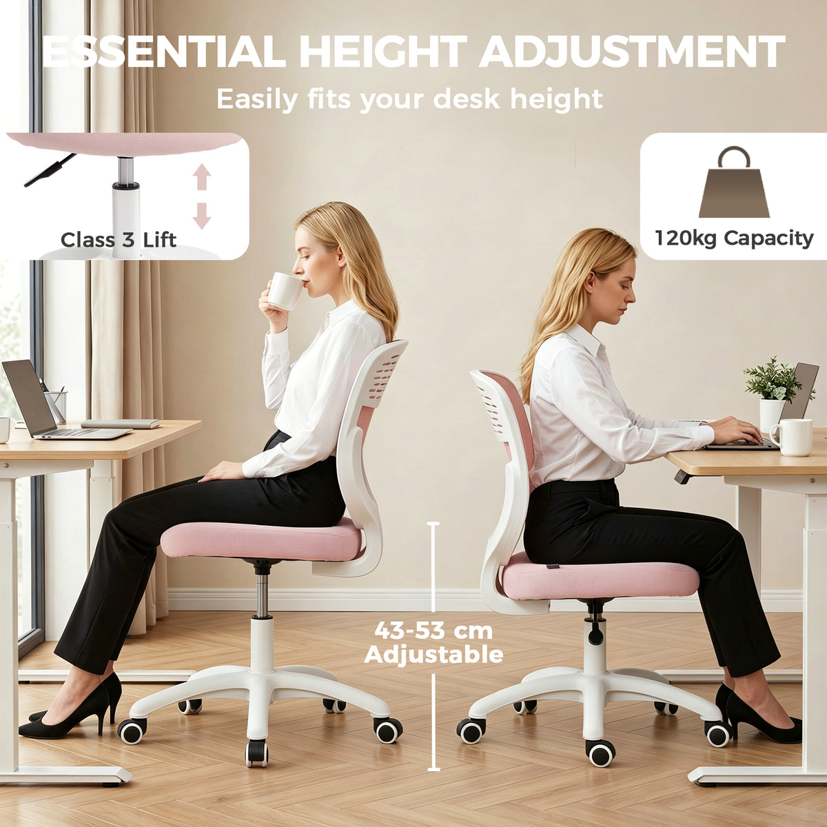 Armless Office Chair with Mesh Back, Pink