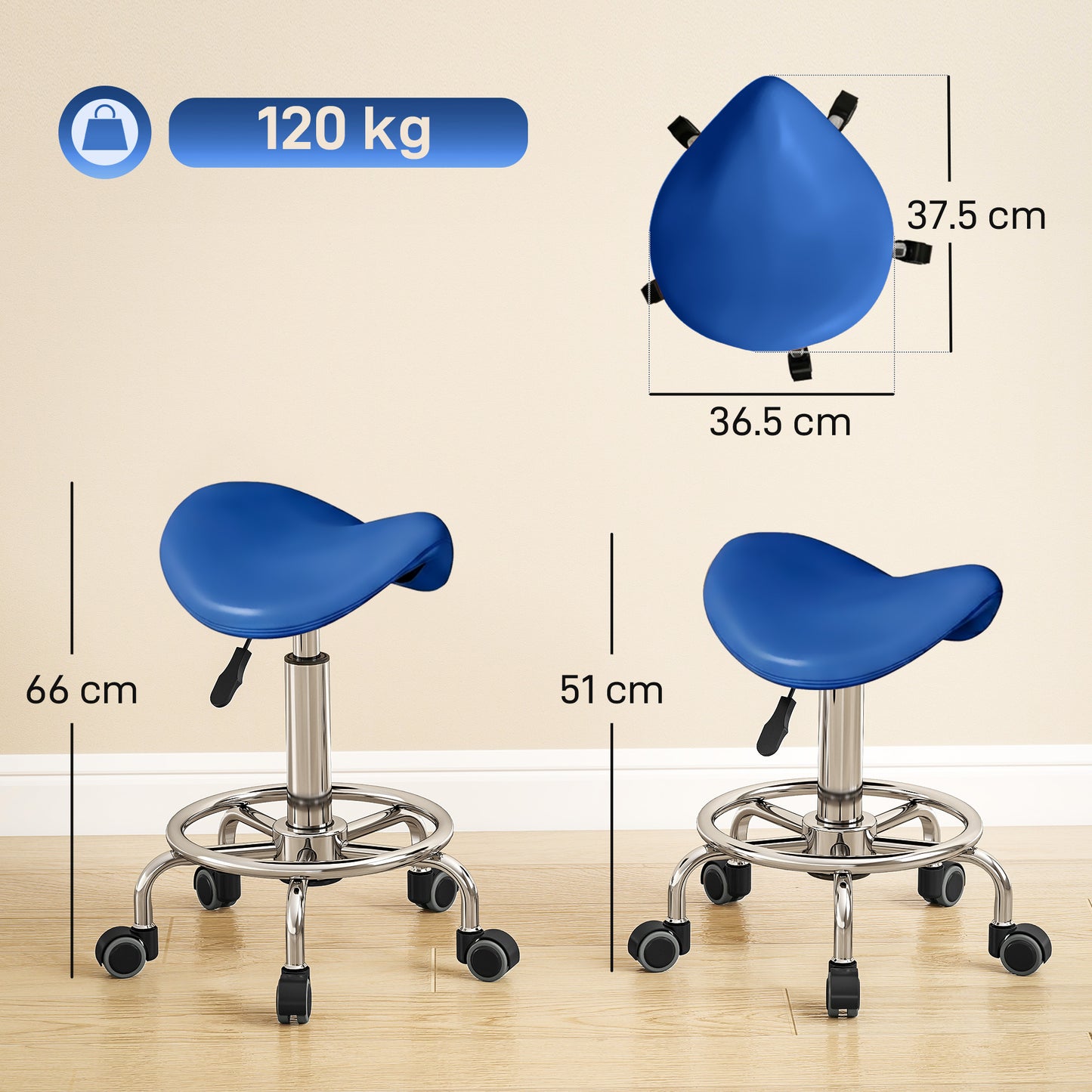 Saddle Chair, Rolling Salon Stool for Massage Spa, Blue