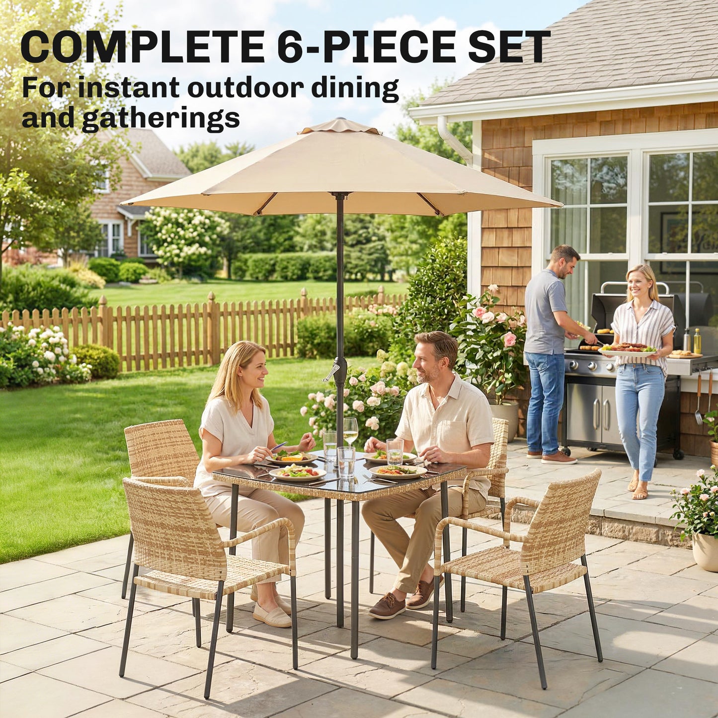 4 Seater Rattan Dining Set with Parasol, Light Brown