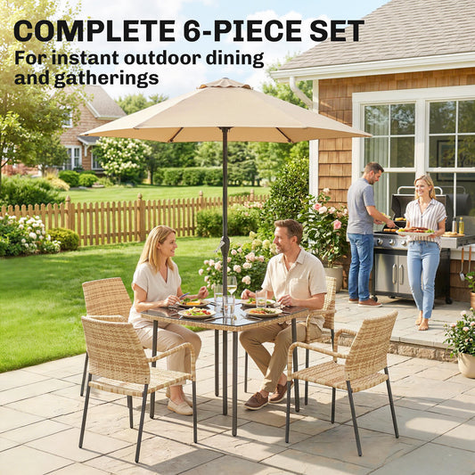 4 Seater Rattan Dining Set with Parasol, Light Brown