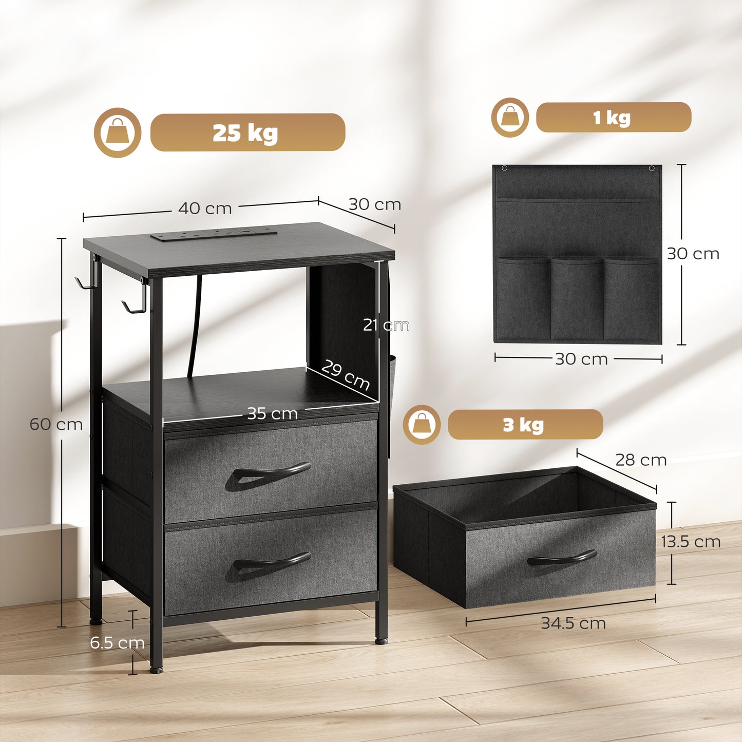 Slim Side Table with Charging Station, Bedside Table, Black