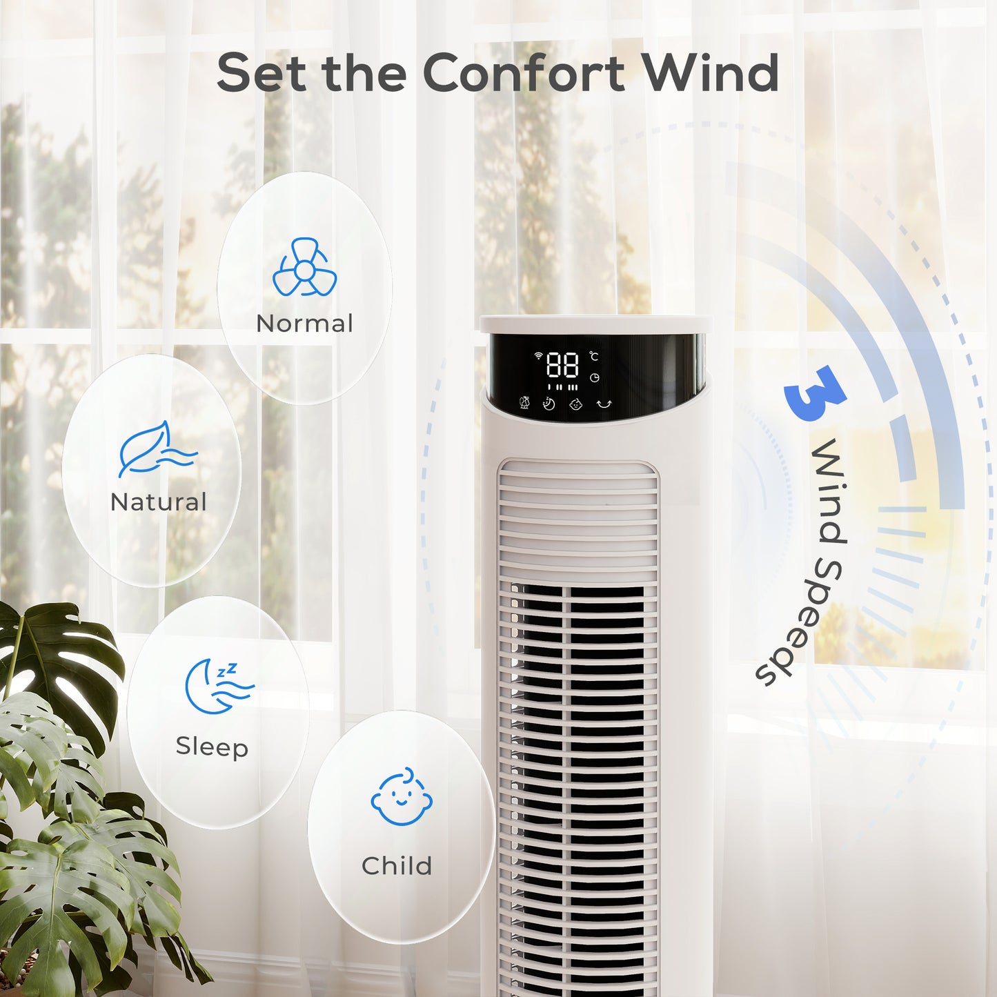 Tower Fan with WiFi Control 116 cm White