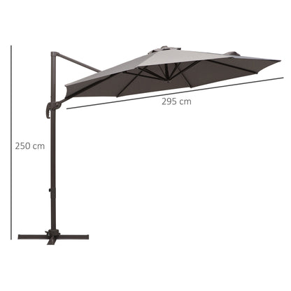 Outsunny 3M Roma Umbrella Sun Shade Cantilever Hanging Parasol w/ Cross Base Hand Crank Aluminium Frame 360¬¨‚àû Rotation - Grey