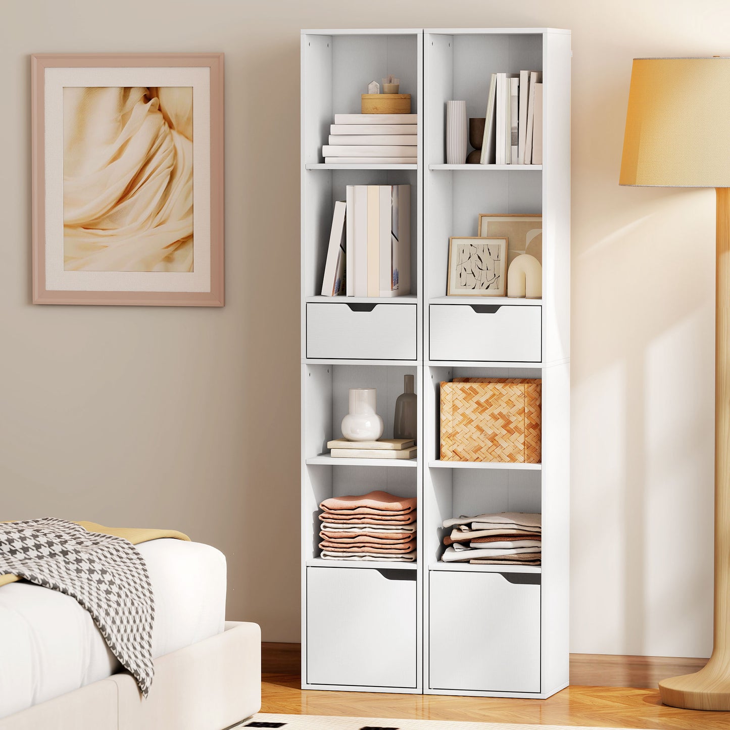 Narrow Bookshelf with Drawer, Tall Bookcase for Living Room, White