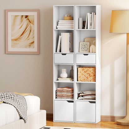 Narrow Bookshelf with Drawer, Tall Bookcase for Living Room, White
