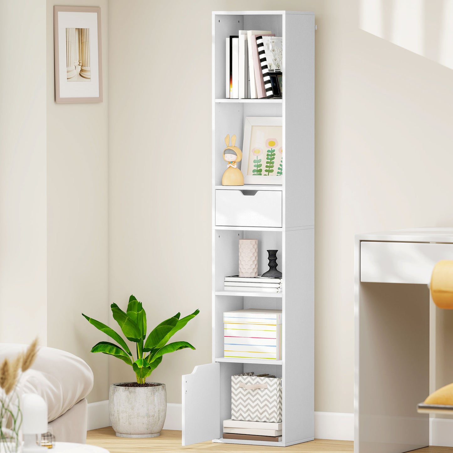Narrow Bookshelf with Drawer, Tall Bookcase for Living Room, White
