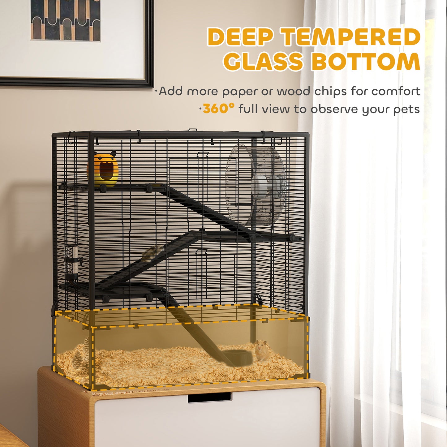 4-Tier Hamster Cage w/ Deep Tempered Glass Bottom, 78.5 x 48.5 x 80cm