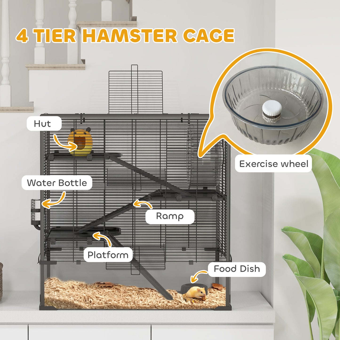 4-Tier Hamster Cage w/ Deep Tempered Glass Bottom, 78.5 x 48.5 x 80cm