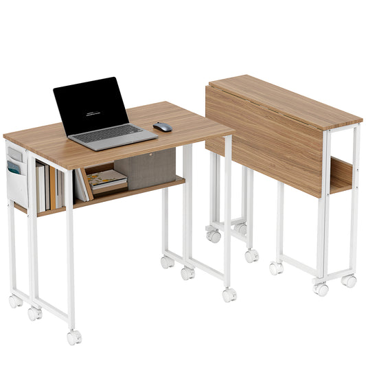 80 cm Foldable Computer Desk on Wheels for Small Spaces Natural