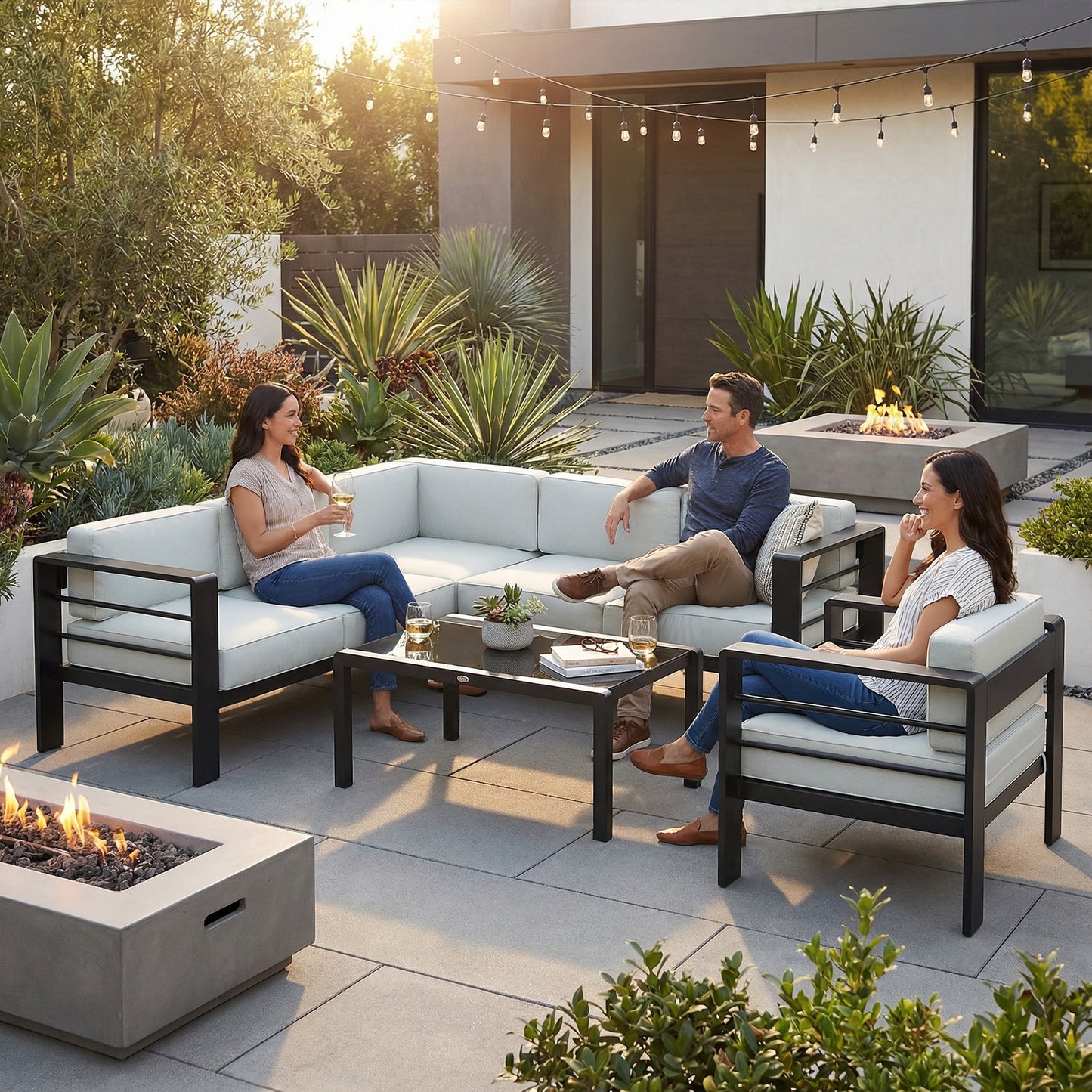 5-Piece Garden Corner Sofa Set with Cushions, 6 Seater Aluminium Garden Furniture Set with Coffee Table, Light Grey