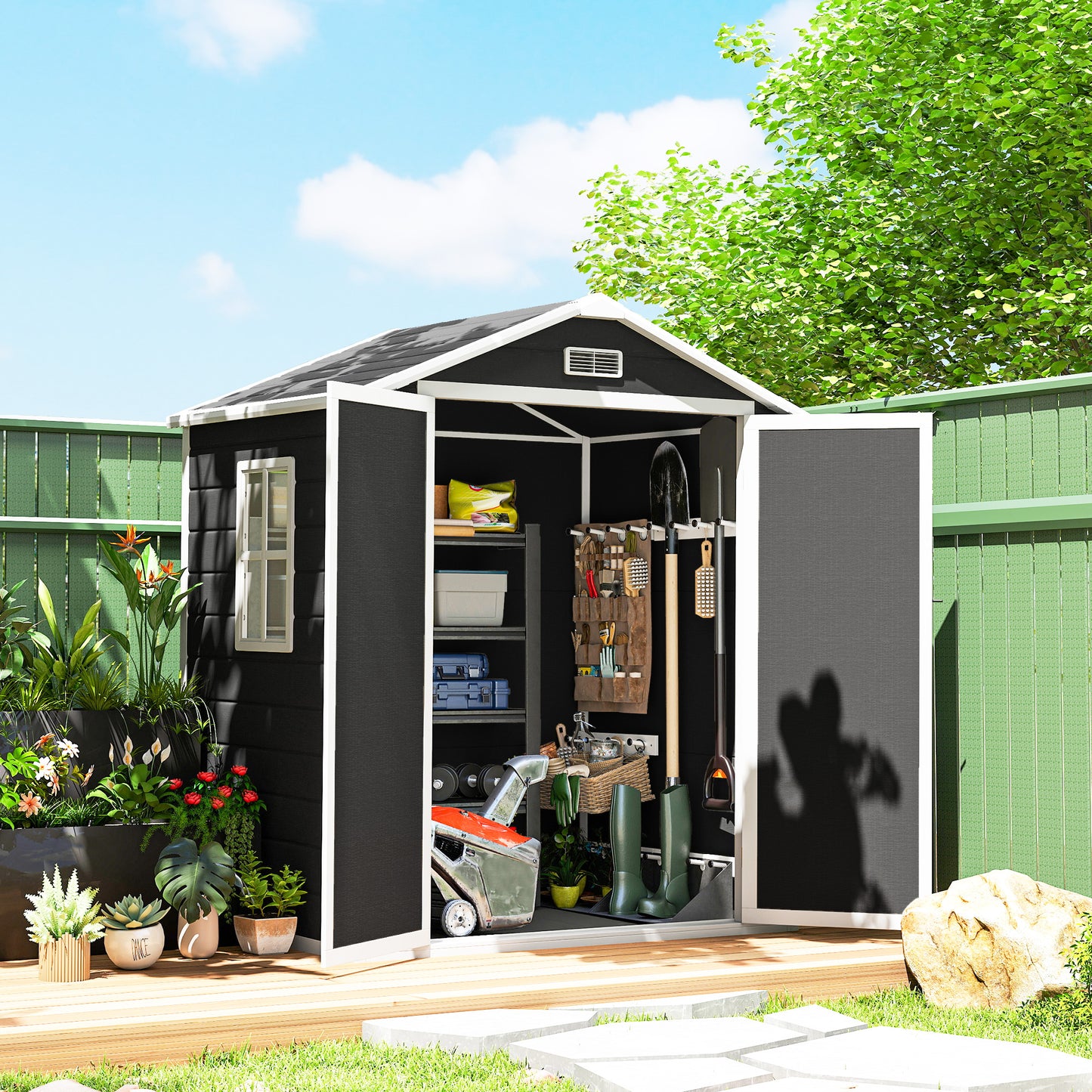 Garden Shed 6'x4.5' Plastic Tool Storage House w/ Lockable Double Doors