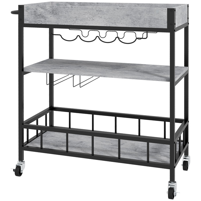 3-Tier Kitchen Cart, Kitchen Island with Storage Shelves, Removable Tray, Wine Racks, Glass Holders, Faux Marbled Grey