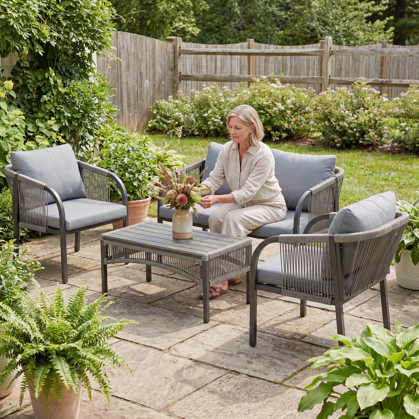 4 Piece Rattan Garden Furniture Set w/ Steel Frame, Cushions, Grey