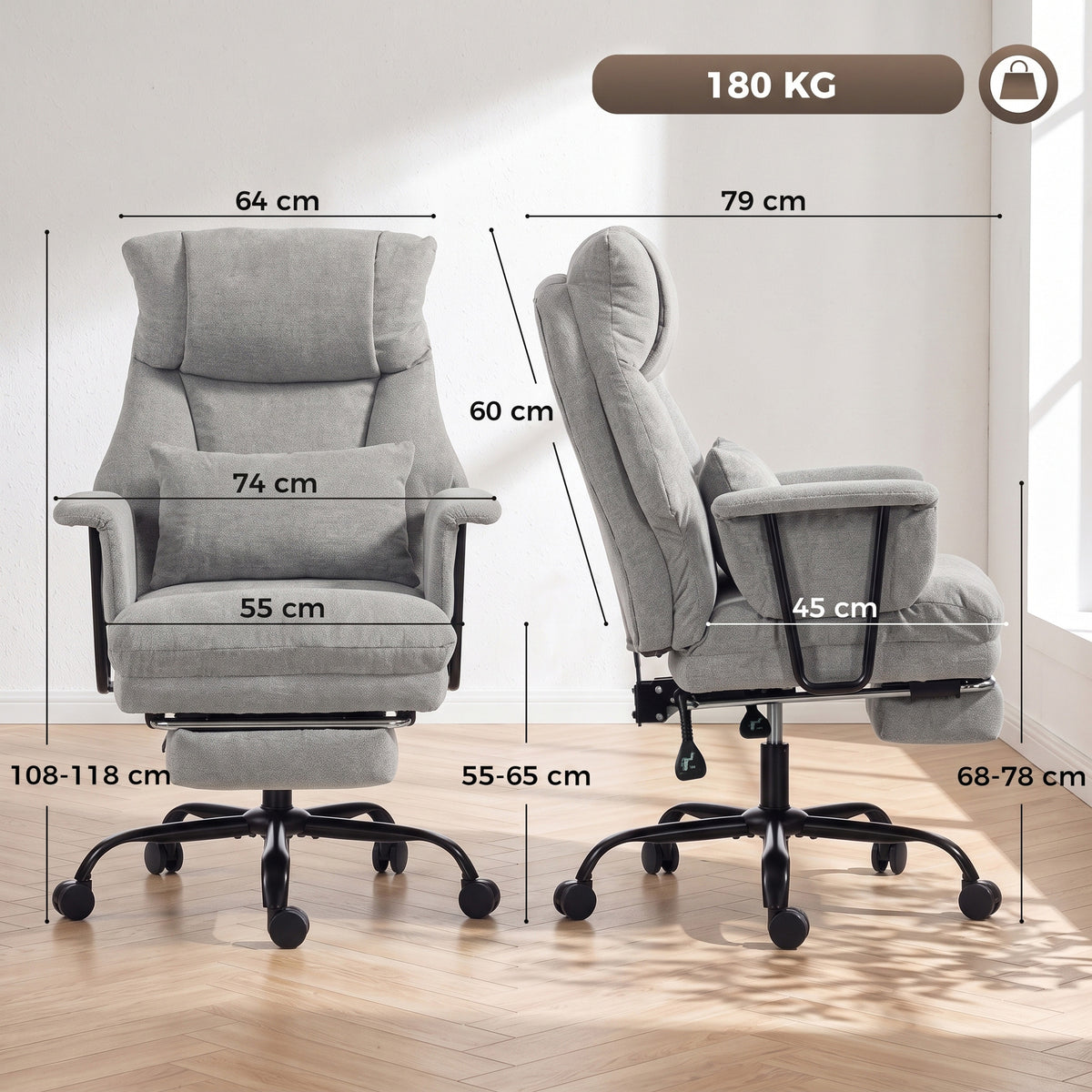 180kg Office Chair, Desk Chair with Lumbar Support, Grey
