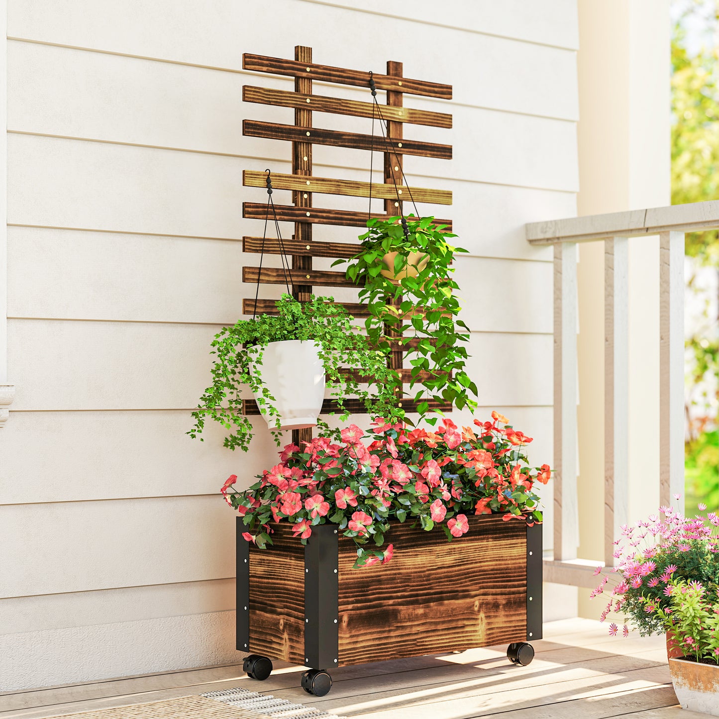 Raised Garden Bed, Wooden Planter with Trellis and Wheels