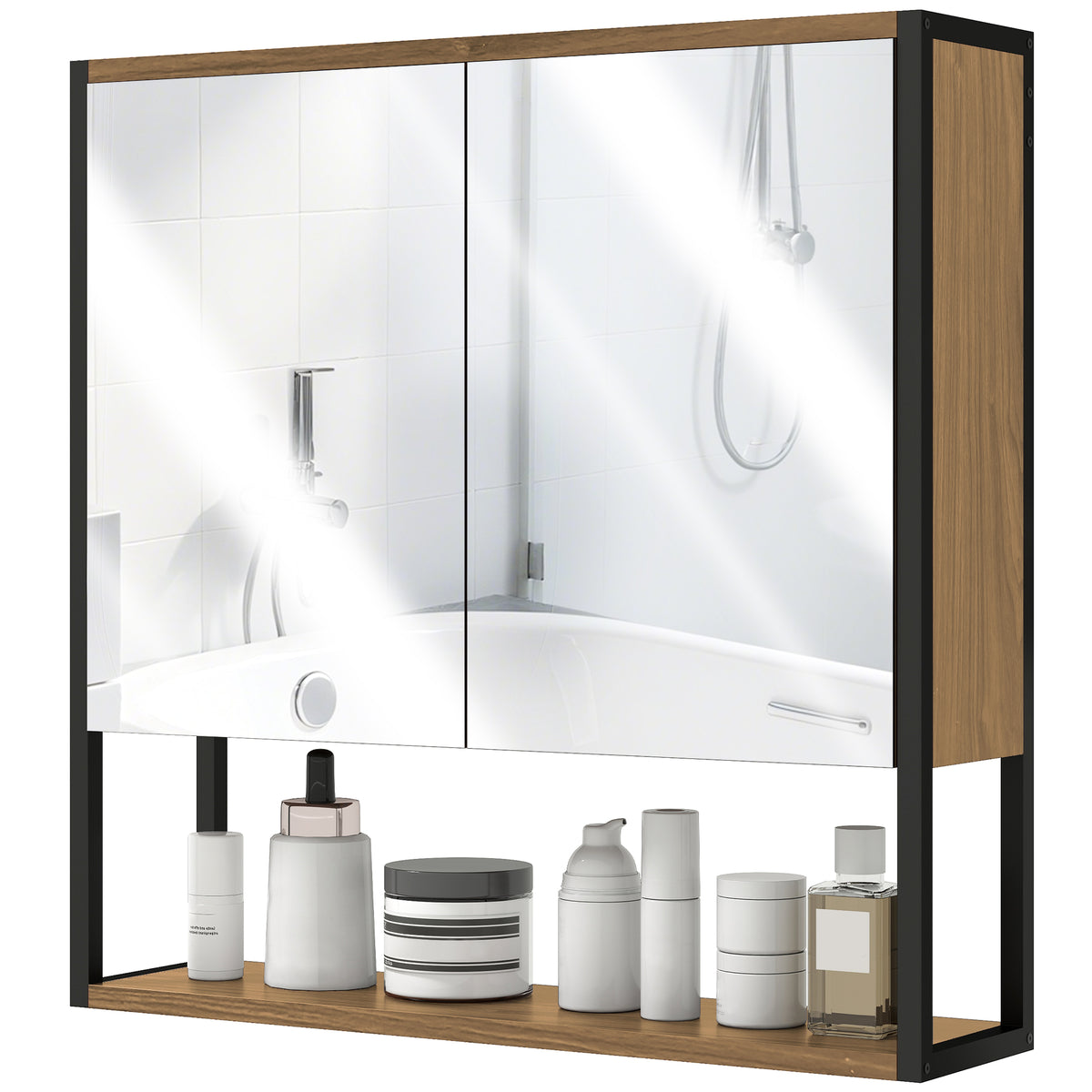 Industrial Bathroom Cabinet with 2 Mirrored Doors Open Shelf, Natural
