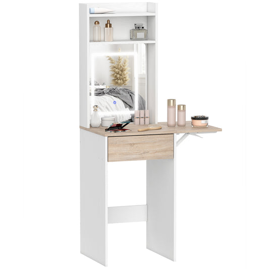 Compact Dressing Table with Lighted Mirror Open Shelves Drawer White