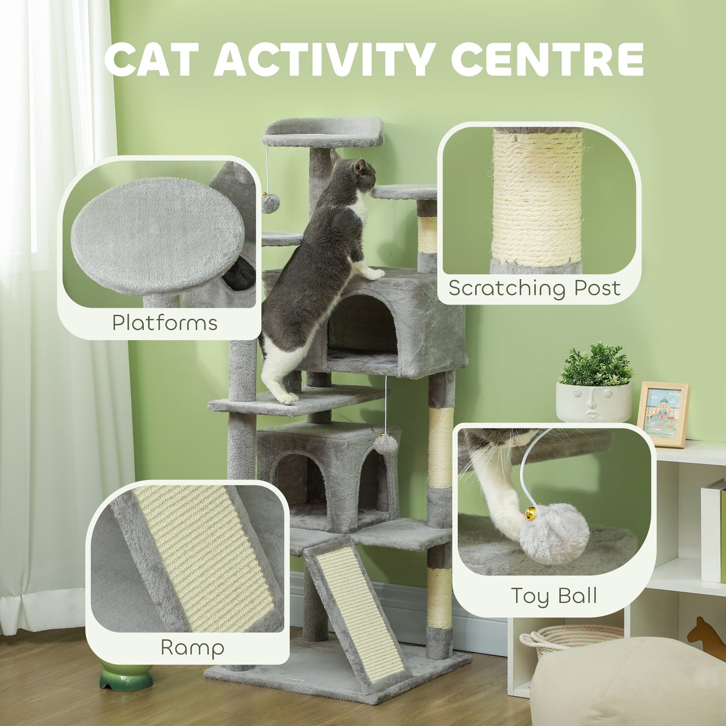 138cm Cat Tree with Scratching Posts and Pad, Bed, Condos, Light Grey