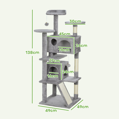 138cm Cat Tree with Scratching Posts and Pad, Bed, Condos, Light Grey