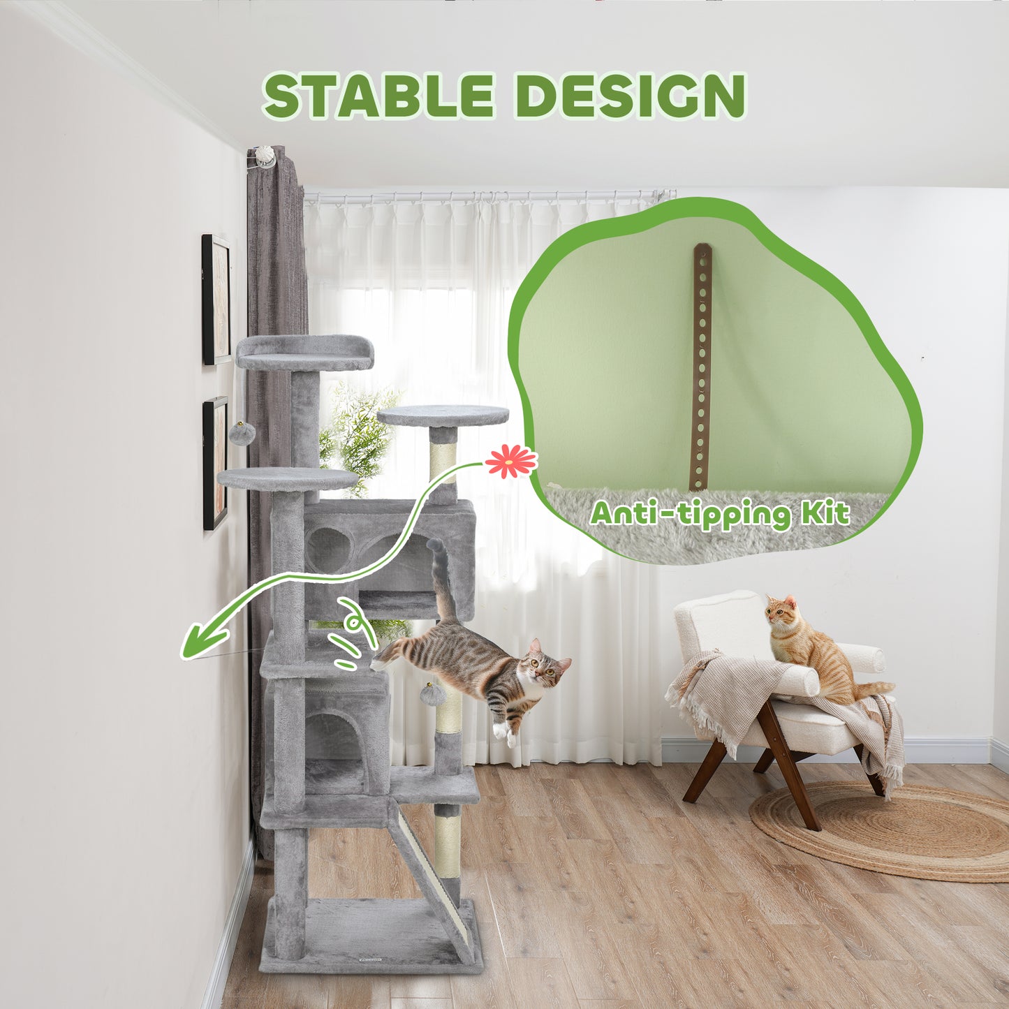 138cm Cat Tree with Scratching Posts and Pad, Bed, Condos, Light Grey