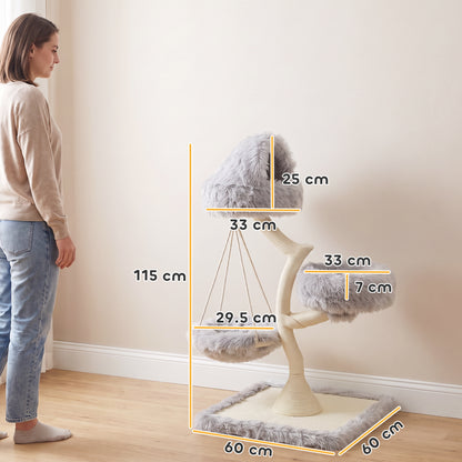 115cm Branch-Style Cat Tree with 2 Washable Beds and Hammock - Light Grey