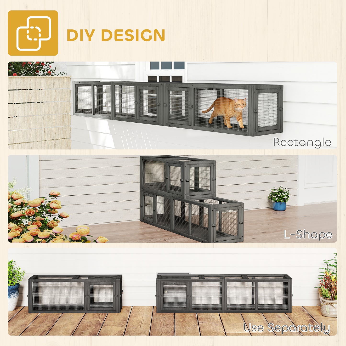 Cat Tunnel, 250cm Extra Long Wooden Cat Play Tunnel with Eight Doors