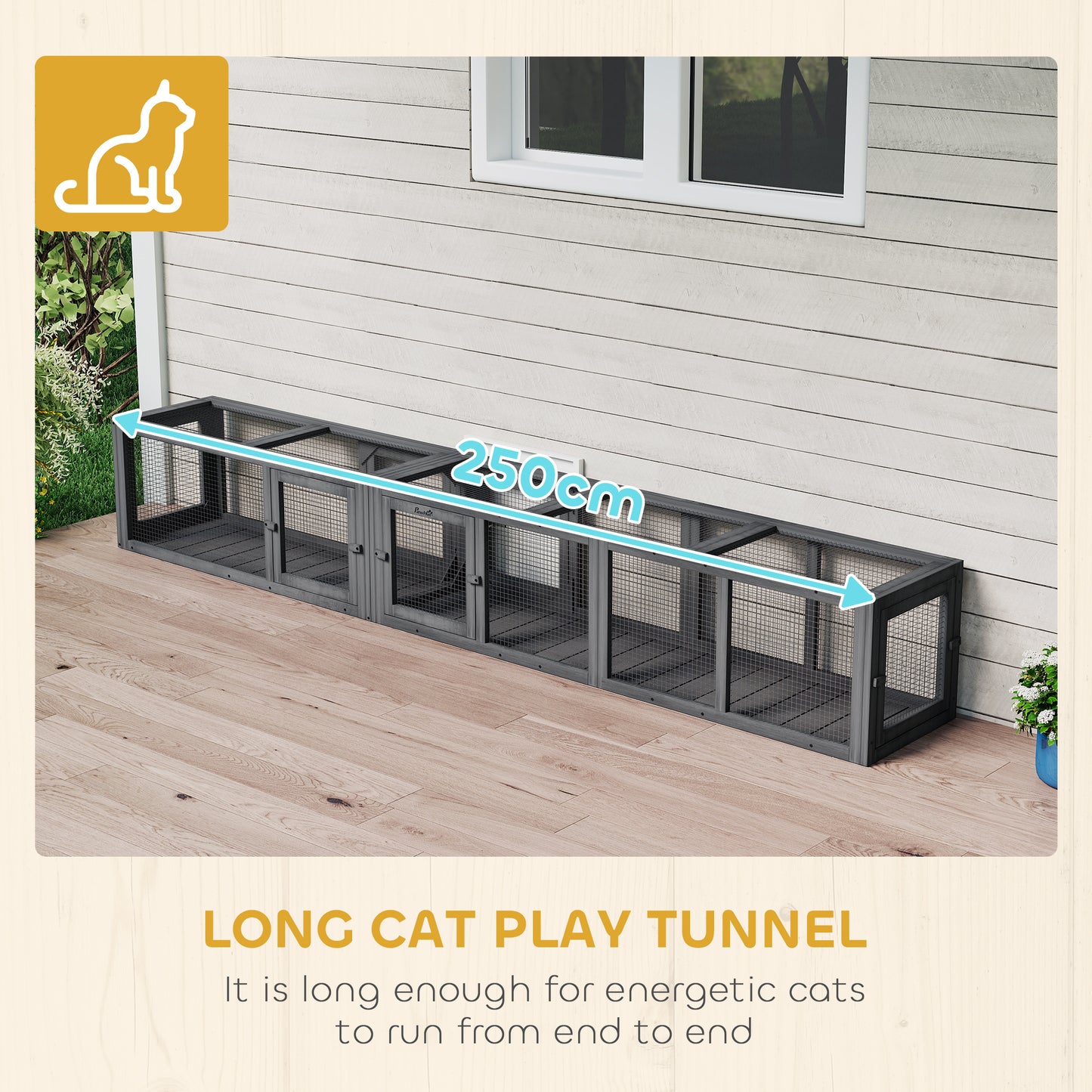 Cat Tunnel, 250cm Extra Long Wooden Cat Play Tunnel with Eight Doors