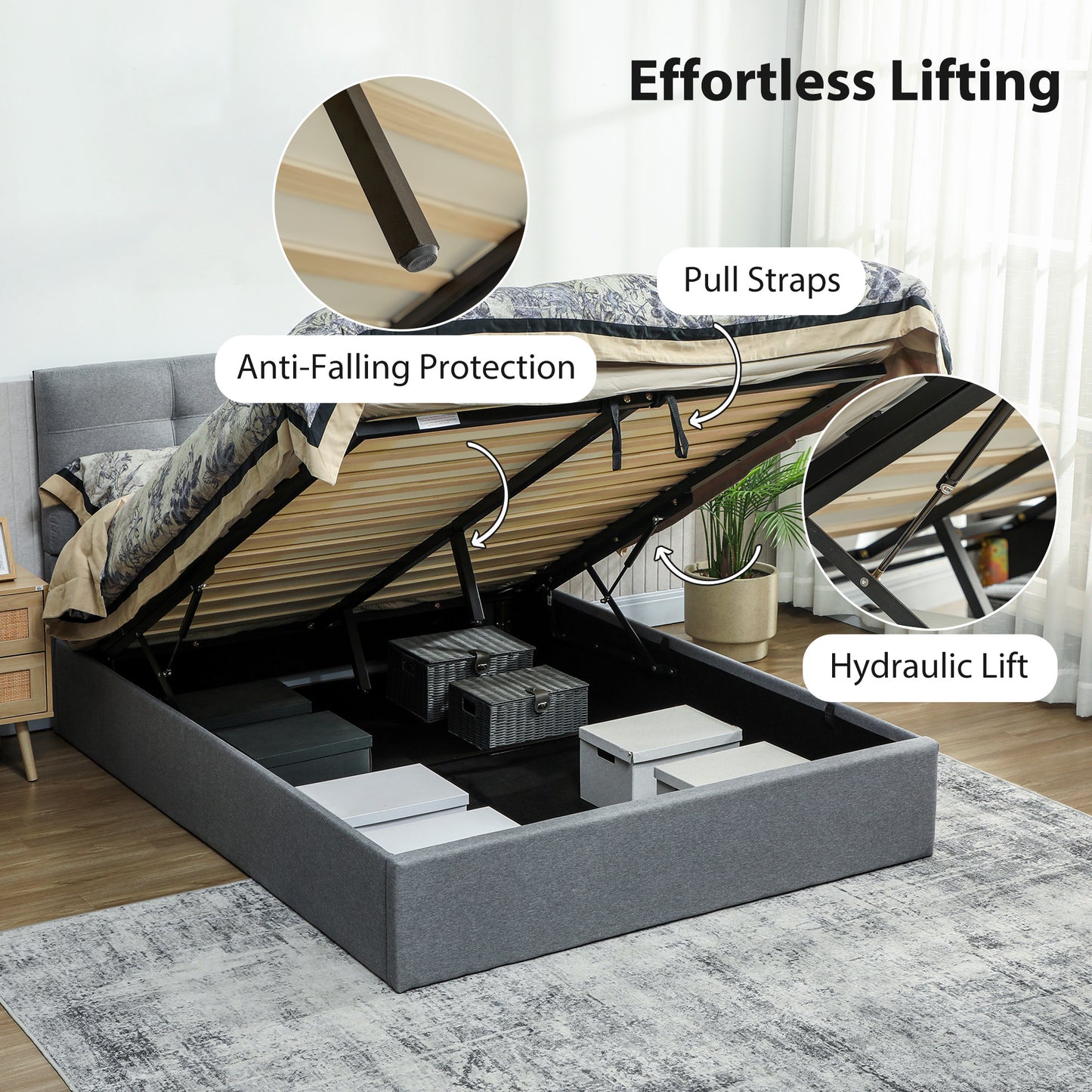 Upholstered Ottoman Bed, 5ft King Storage Bed Frame, Grey