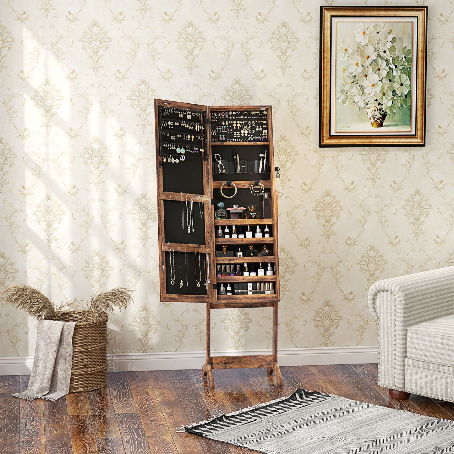 Mirrored Jewellery Cabinet W/ LED Light Lockable Jewellery Rustic Brown