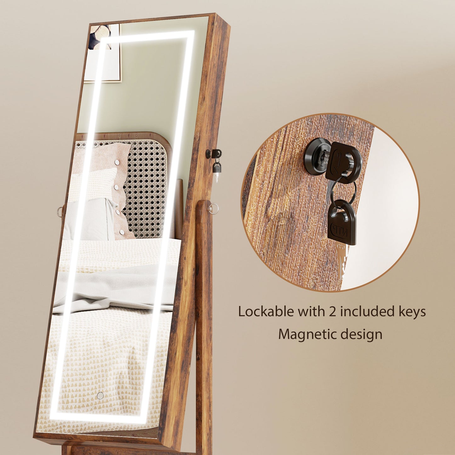 Mirrored Jewellery Cabinet W/ LED Light Lockable Jewellery Rustic Brown