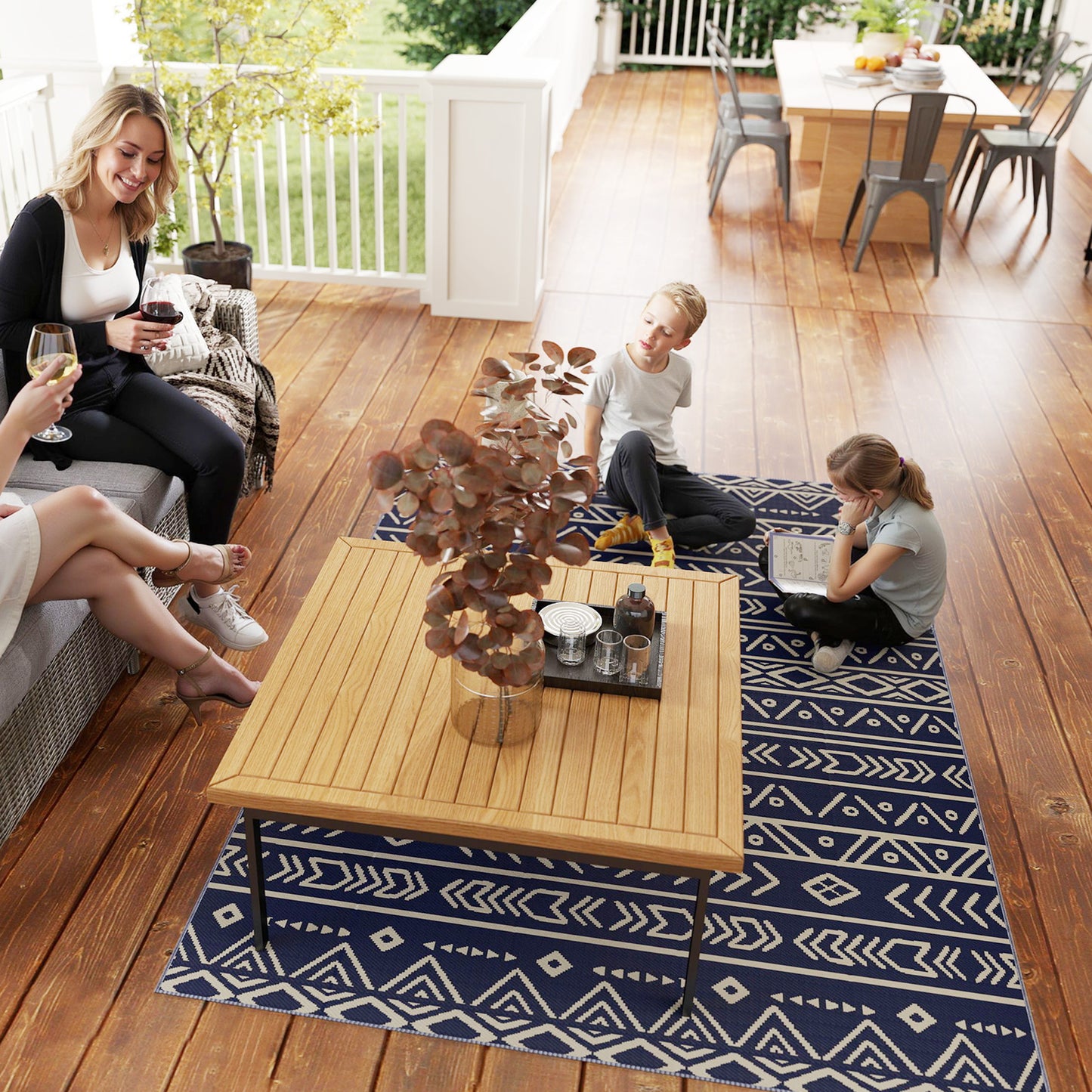 1.8 x 2.7m Reversible Outdoor RV Rug, Geometric, Blue and White