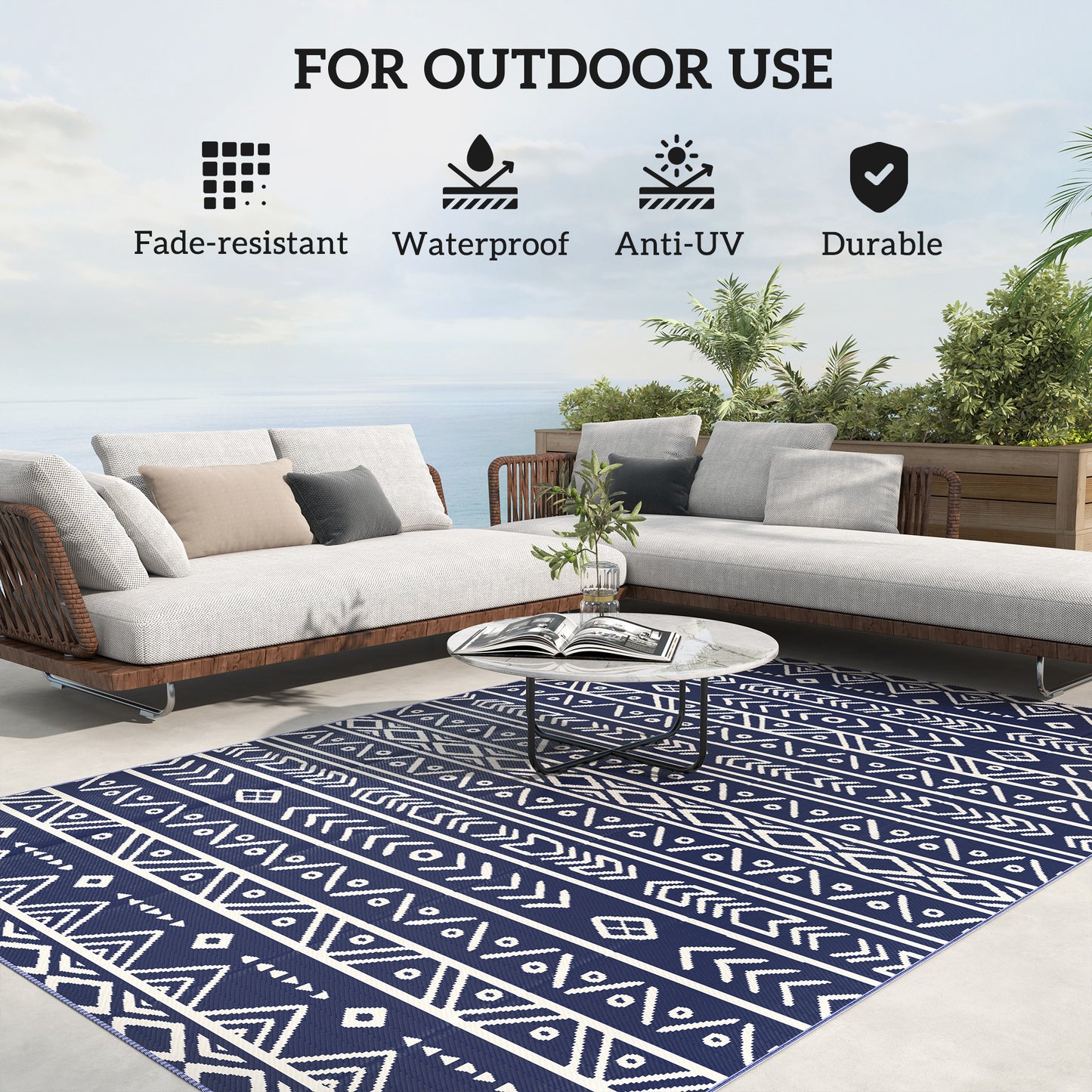 1.8 x 2.7m Reversible Outdoor RV Rug, Geometric, Blue and White