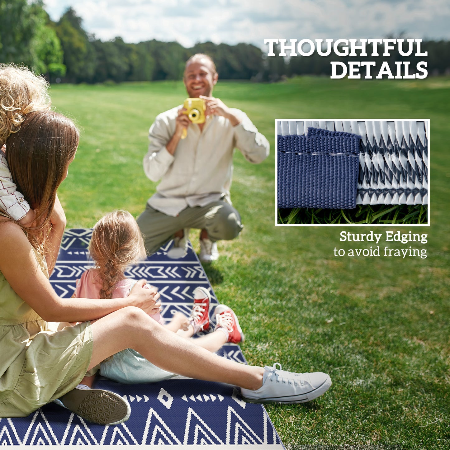 1.8 x 2.7m Reversible Outdoor RV Rug, Geometric, Blue and White