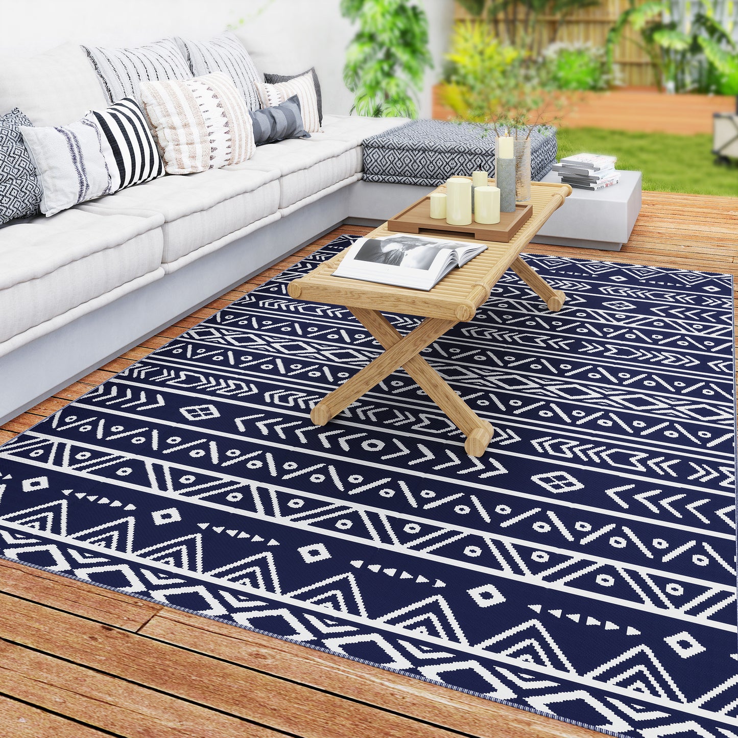 1.8 x 2.7m Reversible Outdoor RV Rug, Geometric, Blue and White