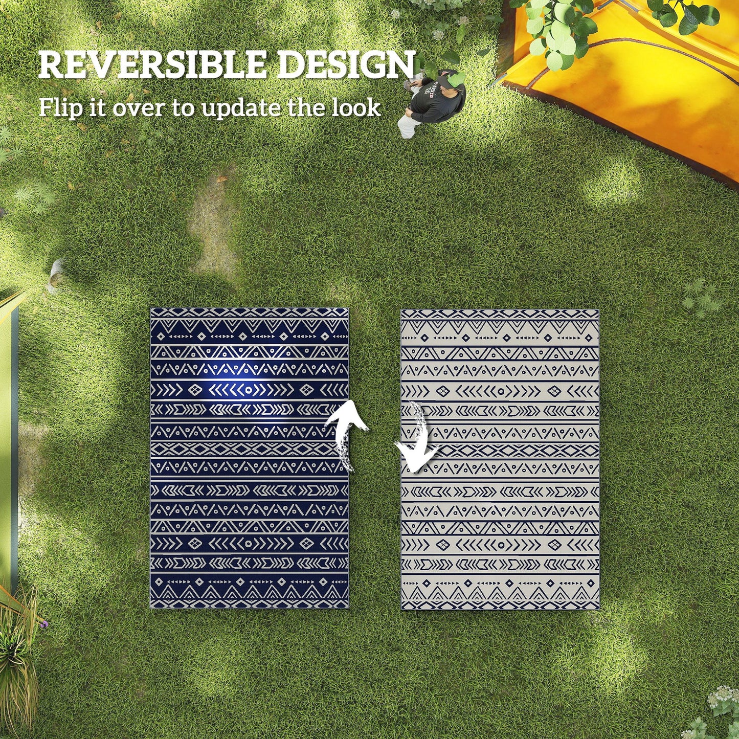 1.8 x 2.7m Reversible Outdoor RV Rug, Geometric, Blue and White