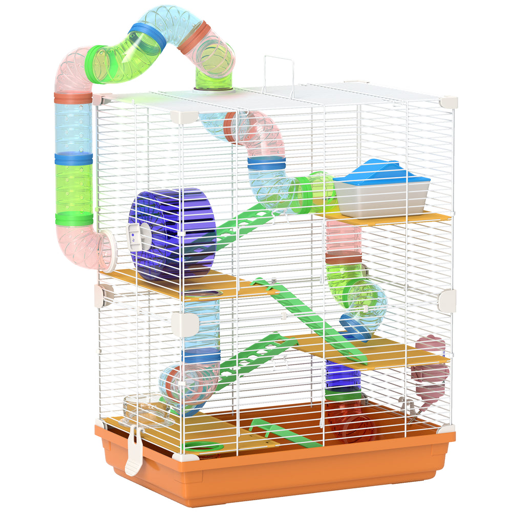 5 Tier Hamster Cage Carrier Habitat w/ Exercise Wheels, Orange