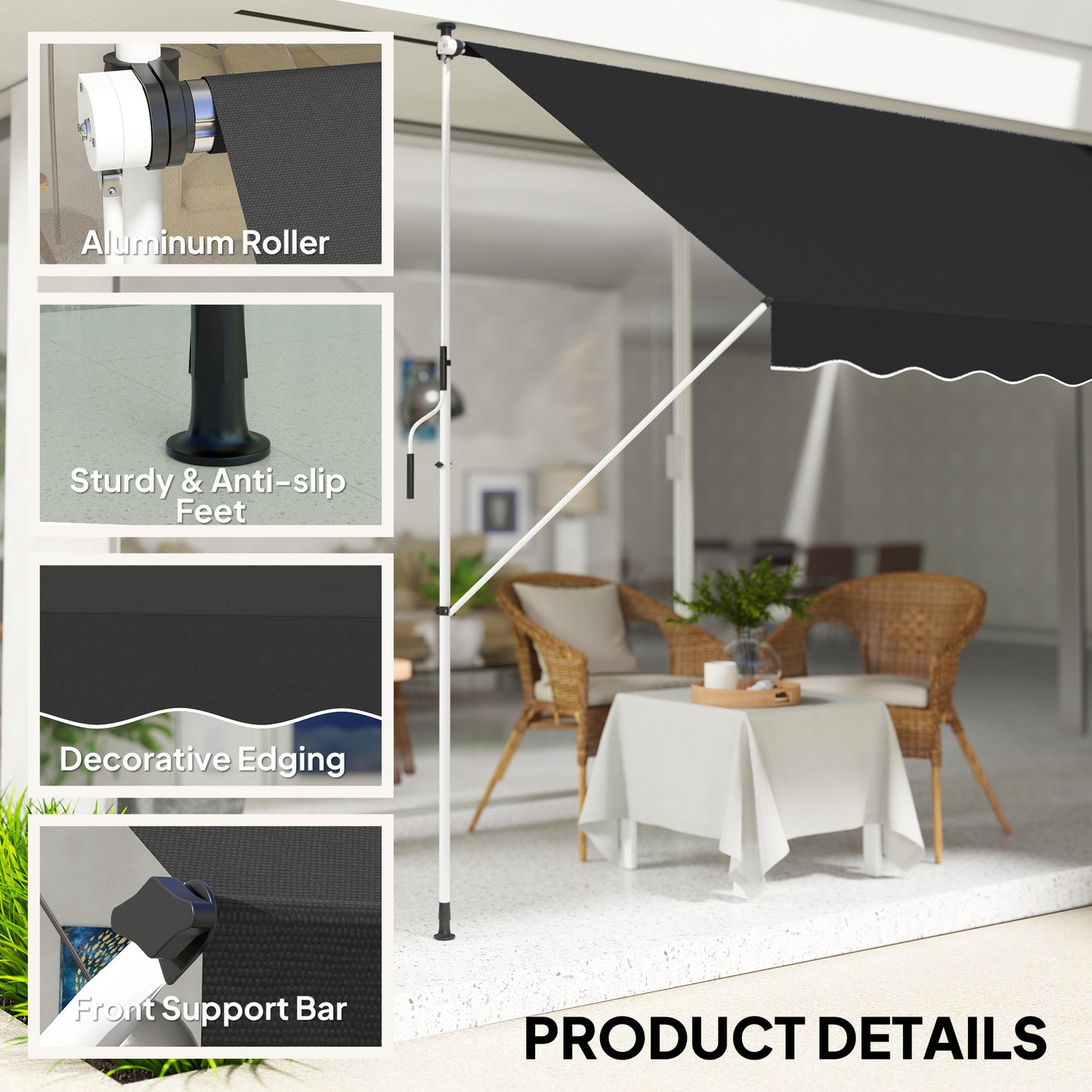 3 x 1.5 m Retractable patio  Awning Floor-to-ceiling shade, Black