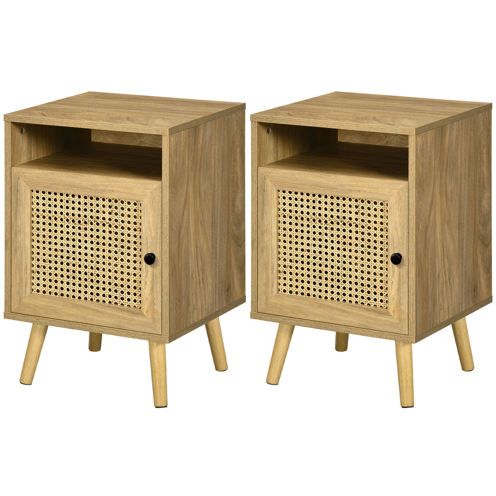 Bedside Table with Rattan Element, Side End Table with Shelf and Cupboard, 39cmx35cmx60cm, Set of 2, Natural