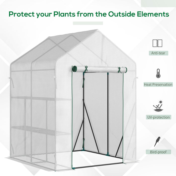 Walk-In Greenhouse Portable Gardening Plant Grow House with 2 Tier Shelf, Roll-Up Zippered Door and PE Cover, 143 x 143 x 195 cm