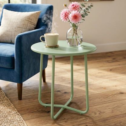 Metal Garden Side Table, 48 cm Round Outdoor Table, Green