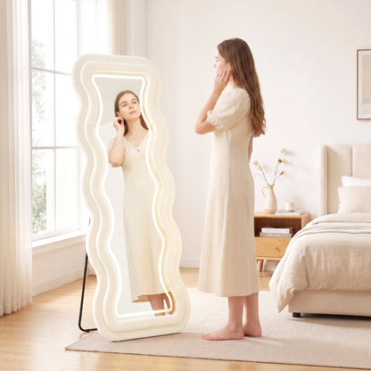 Full Length Mirror, 160 x 60 cm Velvet Wall Standing Mirror, Cream