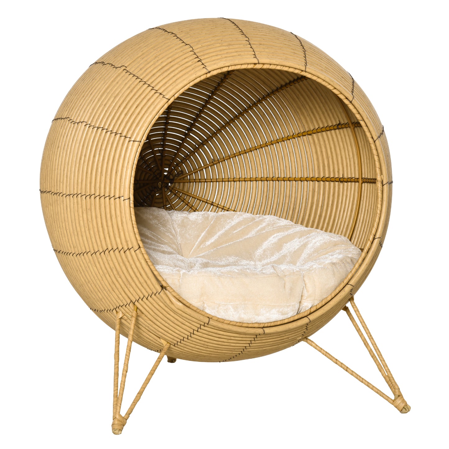 Wicker Cat Bed Elevated Rattan Kitten Basket Cozy Cave w/ Soft Cushion