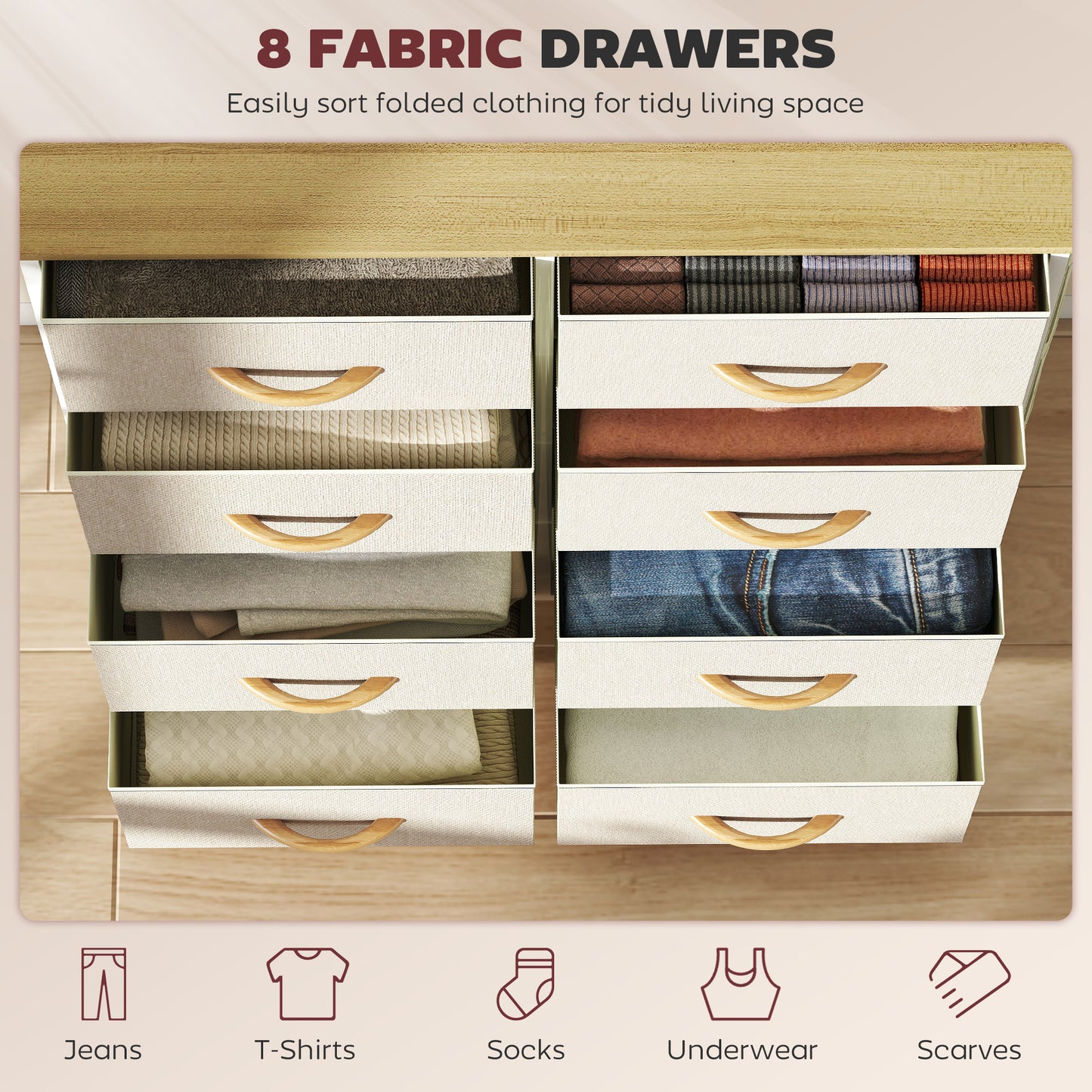 Fabric Chest of Drawers, 8 Drawer Dresser for Bedroom, Beige